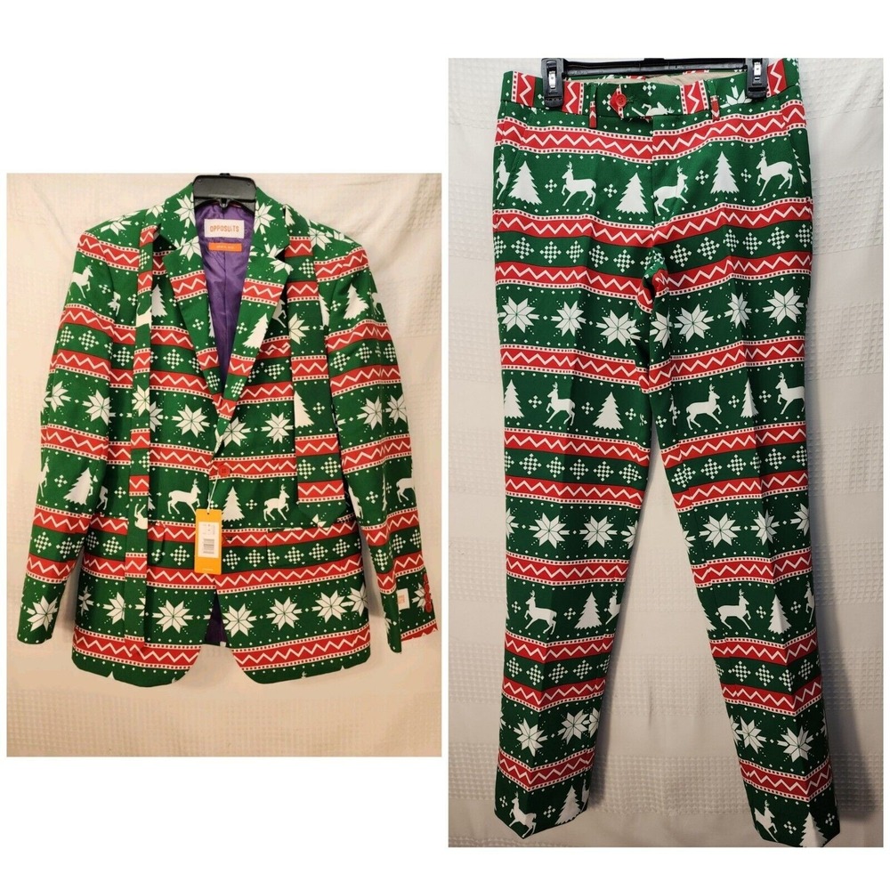 OppoSuits Mens Christmas Suit Festive Green Tree Reindeer Blazer Pants Tie 36